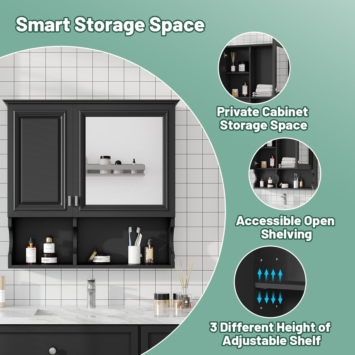30 Inch Mirror Medicine Cabinet with Open Shelves