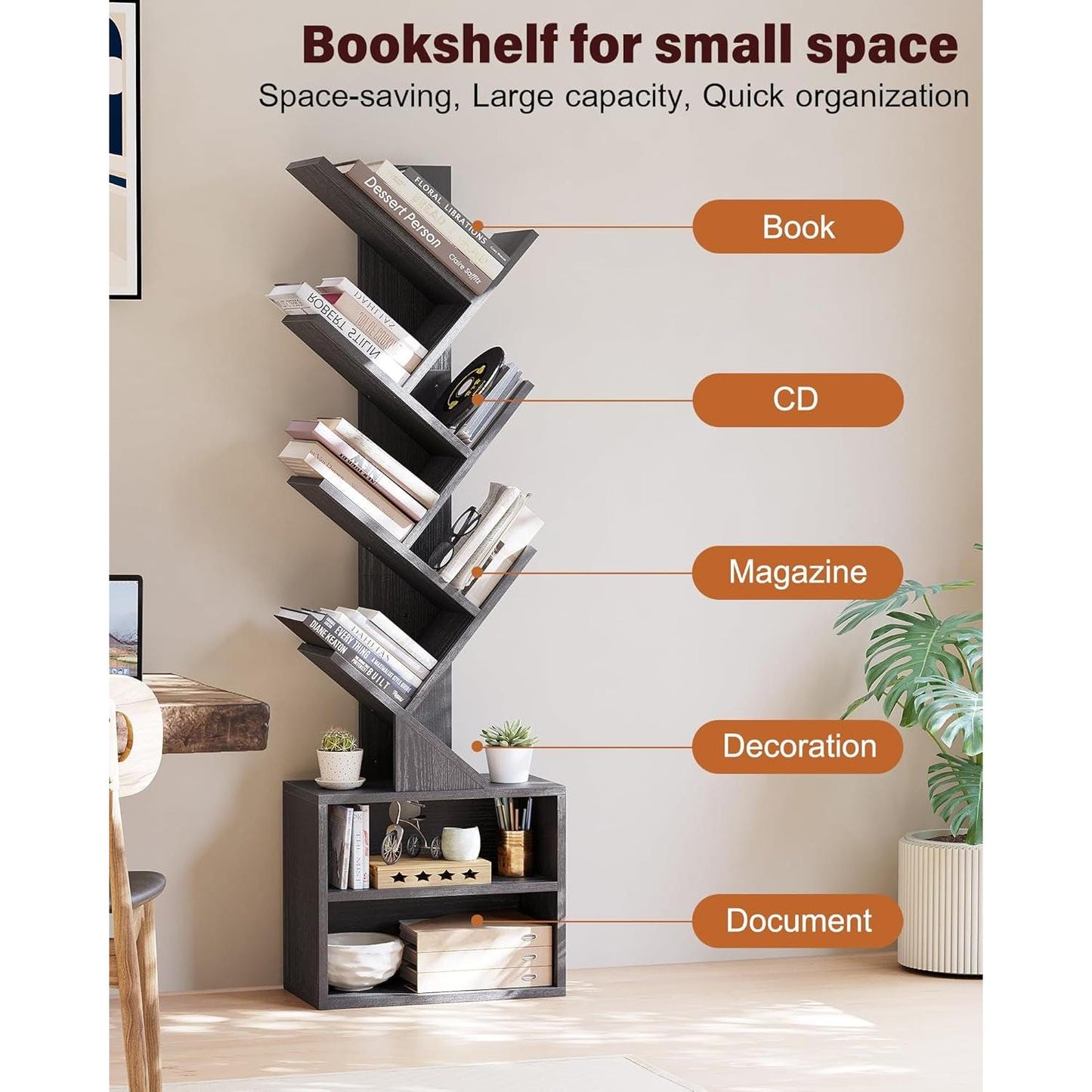 6 Tier Tree Bookshelf Black Floor Standing Storage Cabinet