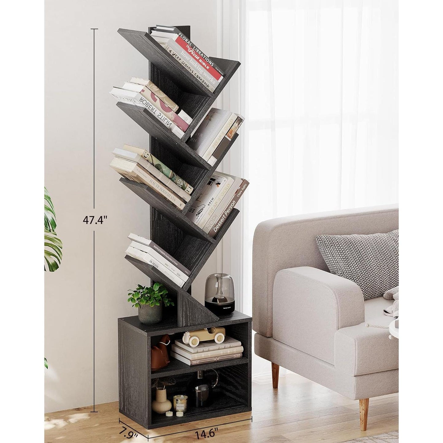 6 Tier Tree Bookshelf Black Floor Standing Storage Cabinet