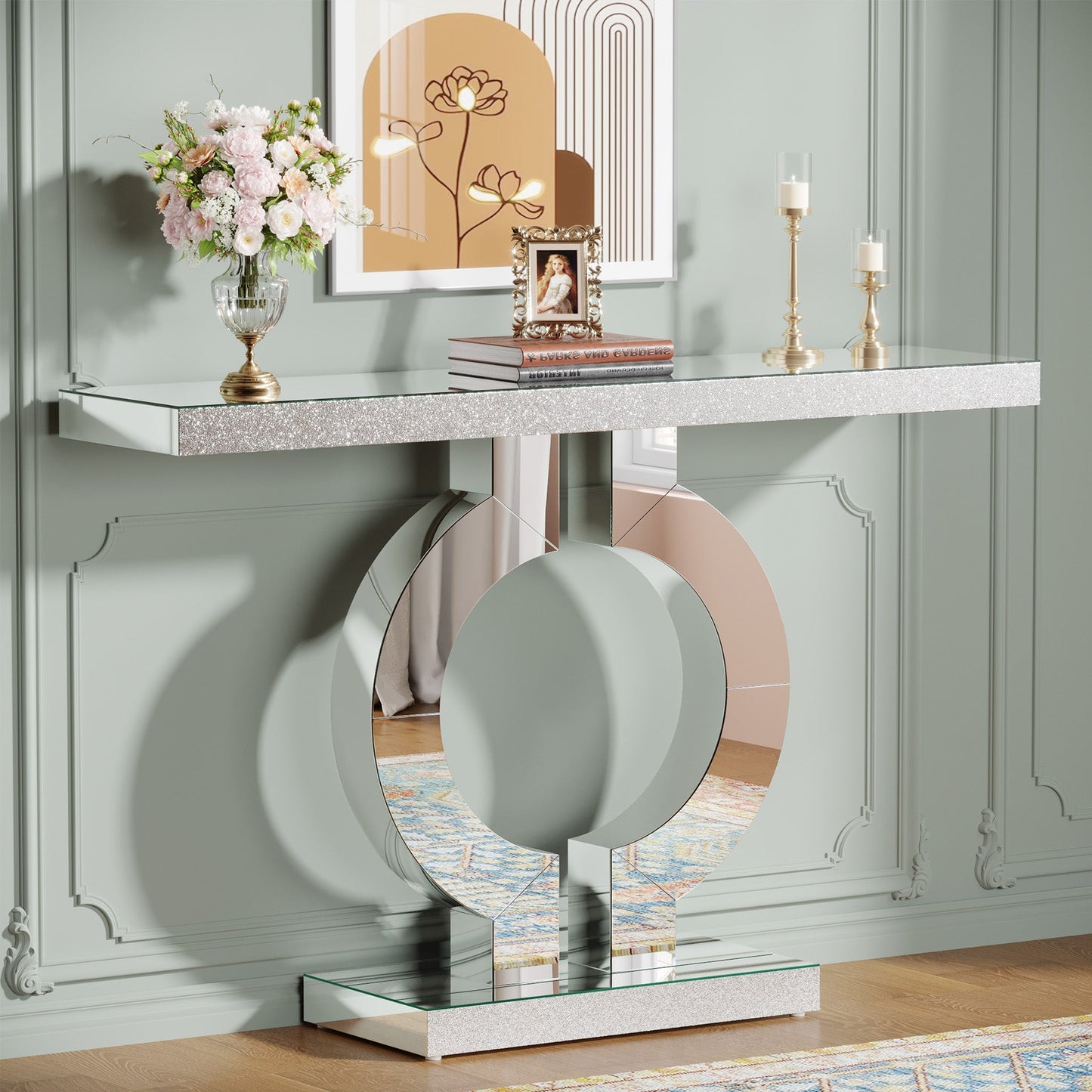 43" Modern Mirrored Console Table with O-Shaped Base
