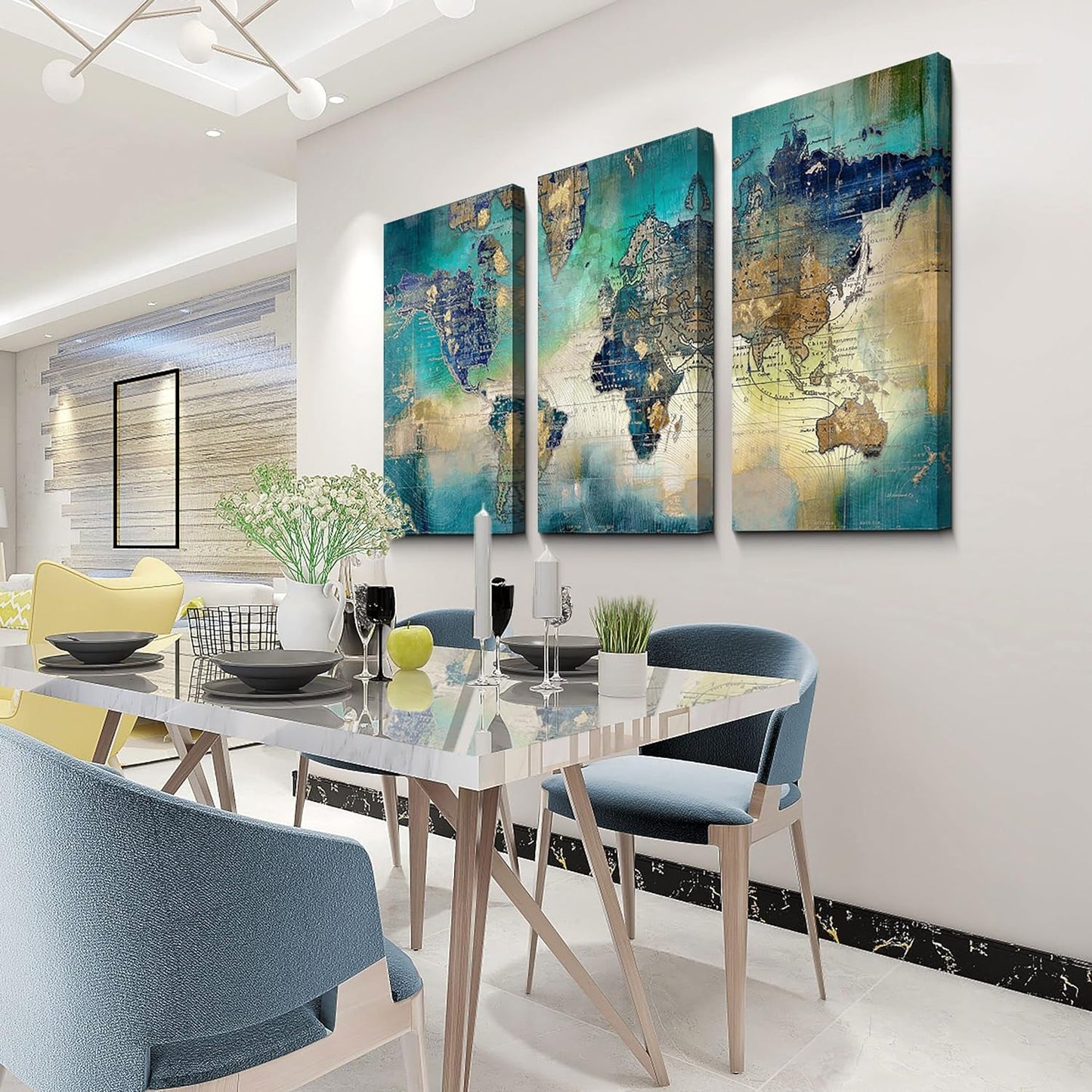 Stunning  World Map Canvas Wall Art - 3 Piece Set for Living Room, Bedroom, and Office - 16"x32" Large Decor