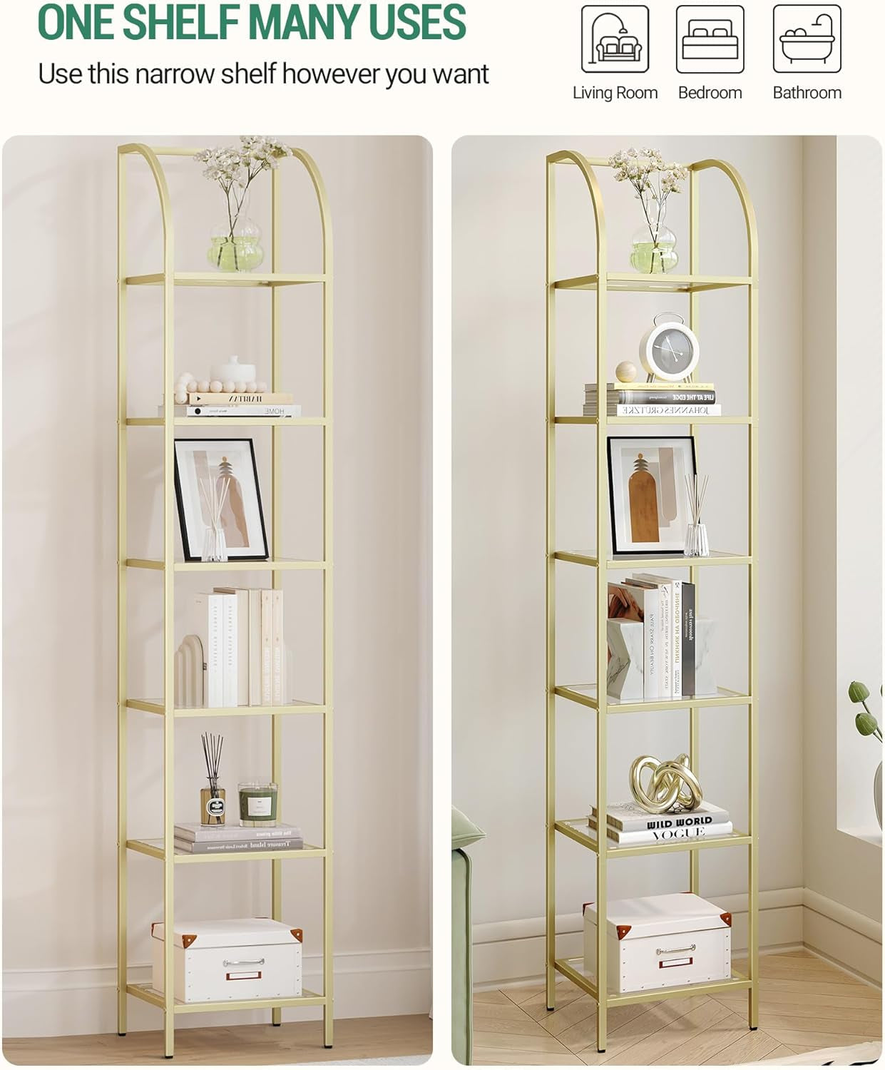 Bookcase Bookshelf 6 Tier Gold Tempered Glass Arched Top
