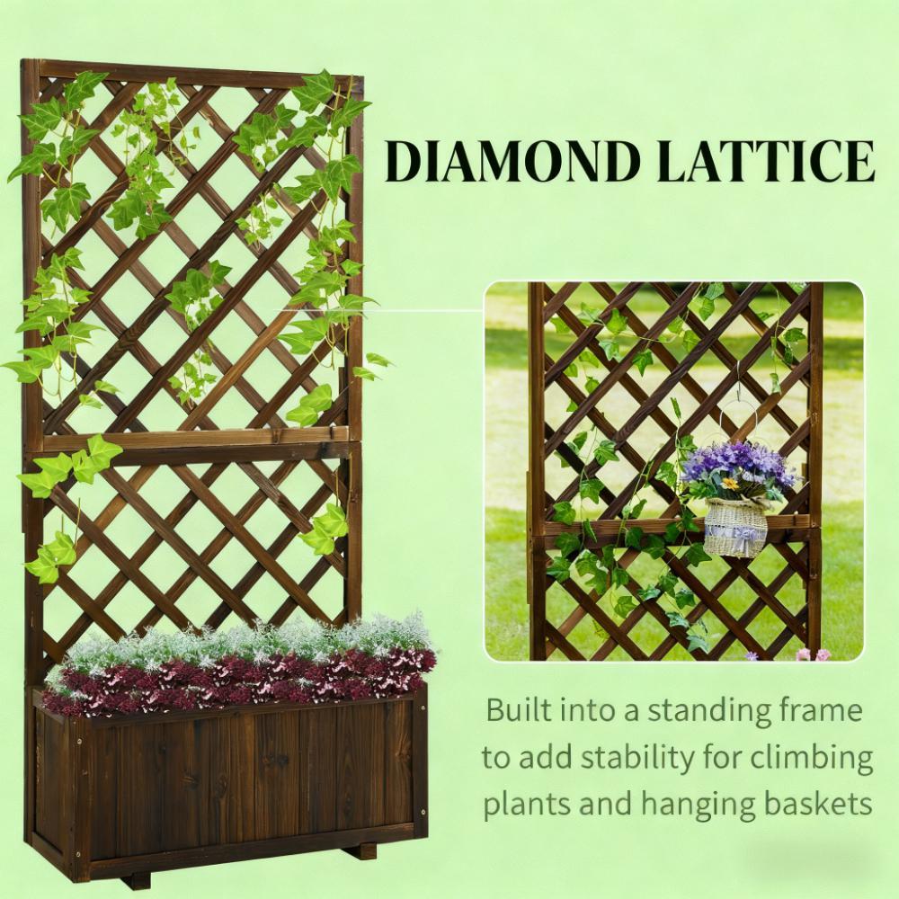 Garden Bed, Wooden Raised Garden Bed Planting Planter Box with Trellis and Drain Holes