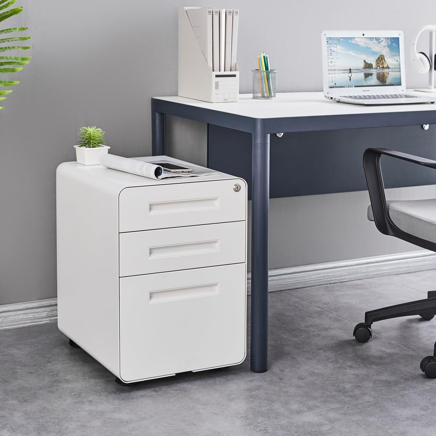 Mobile Filing Cabinet 3 Drawer White Lock On Wheels