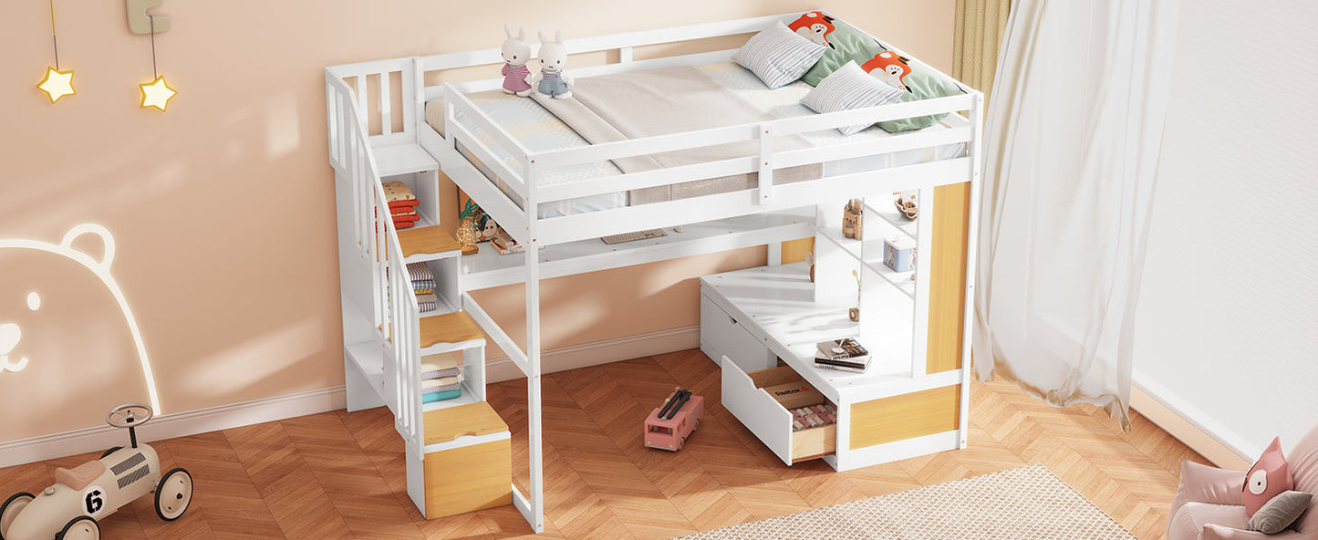 Full Size Loft Bed With Desk And Shelves, Two Built-in Drawers, Storage Staircase