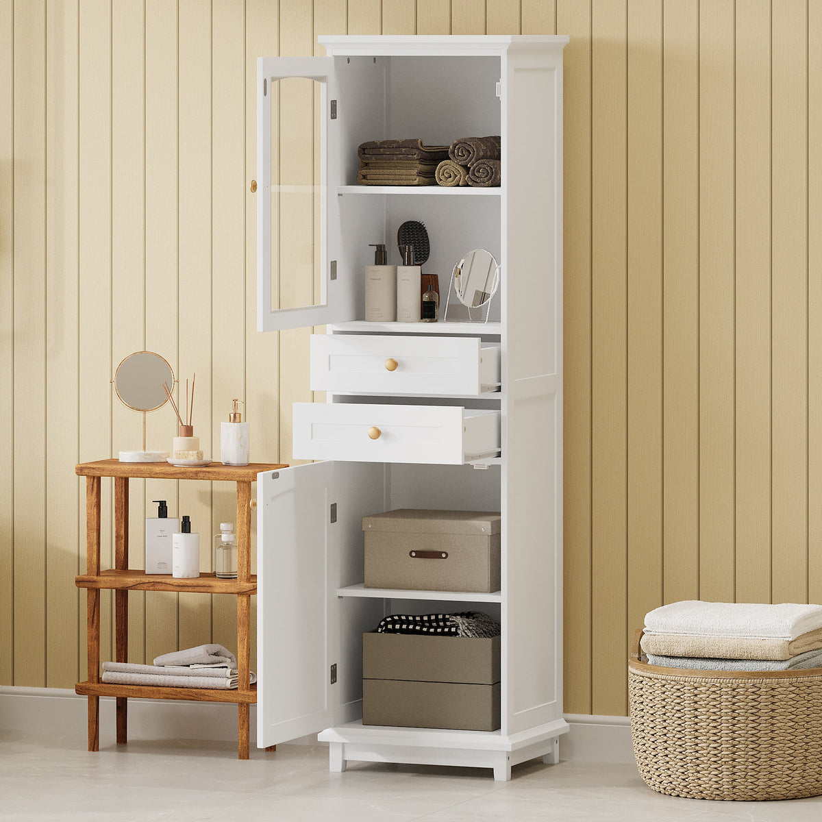 63" Tall Bathroom Storage Cabinet with Glass Doors