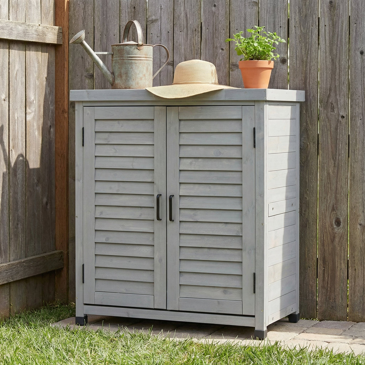Potting Bench with Storage Cabinet and Metal Table Top
