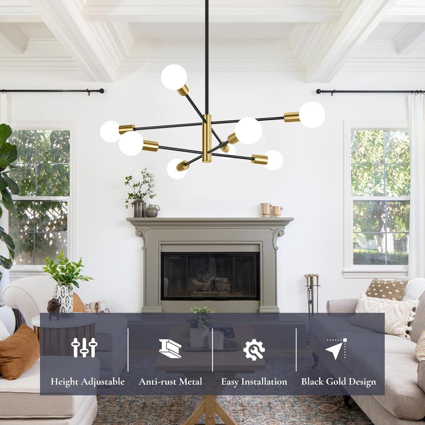 Eight Light Modern Sputnik Chandelier Black And Gold