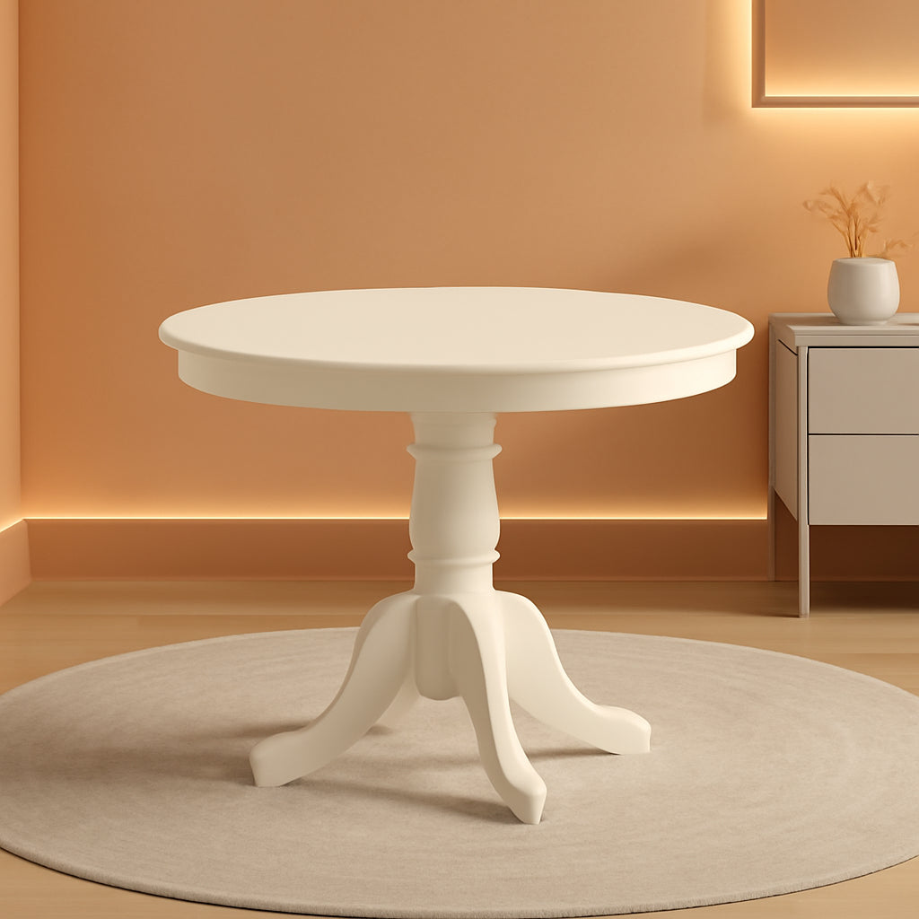 Mid Century Round Solid Wood Dining Table With Linen White Finish