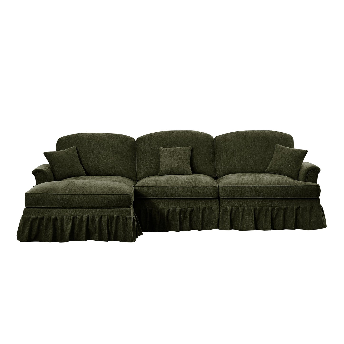 Mid Century Three Seater Modular L Shaped Sectional Couch with Flared Arms and Removable Ruffles Pleats Skirts and Spindle Legs, Comfy Chenille 3-Seat Deep Seat Sofa with Movable Ottoman,Green