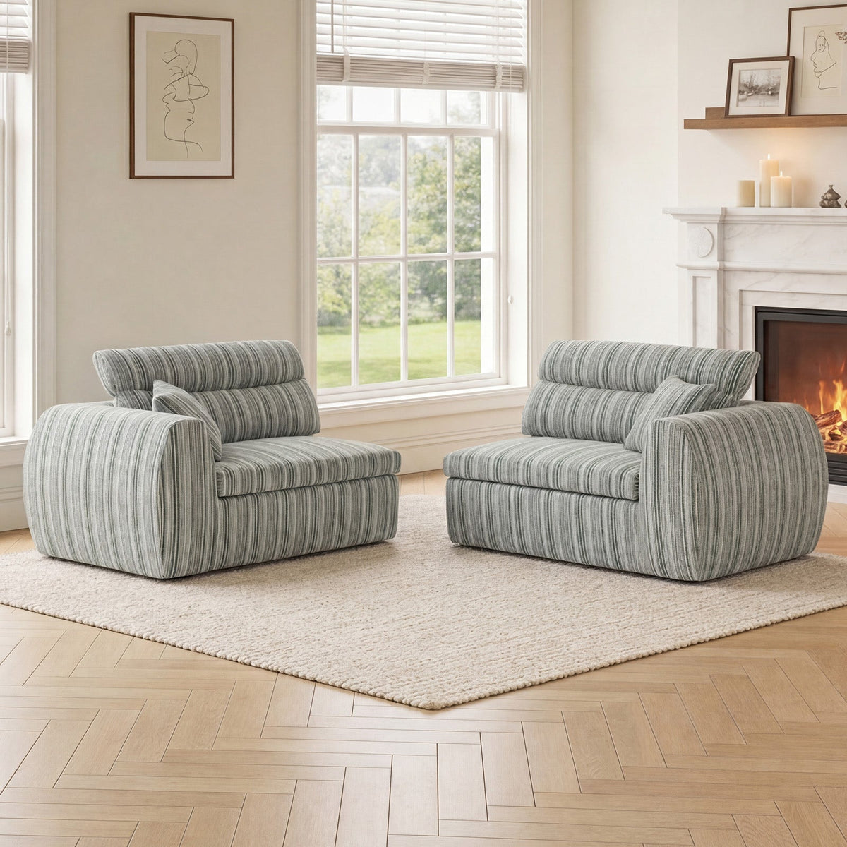 Woven Chenille Striped Compression Sofa - Straight Row Compact Couch