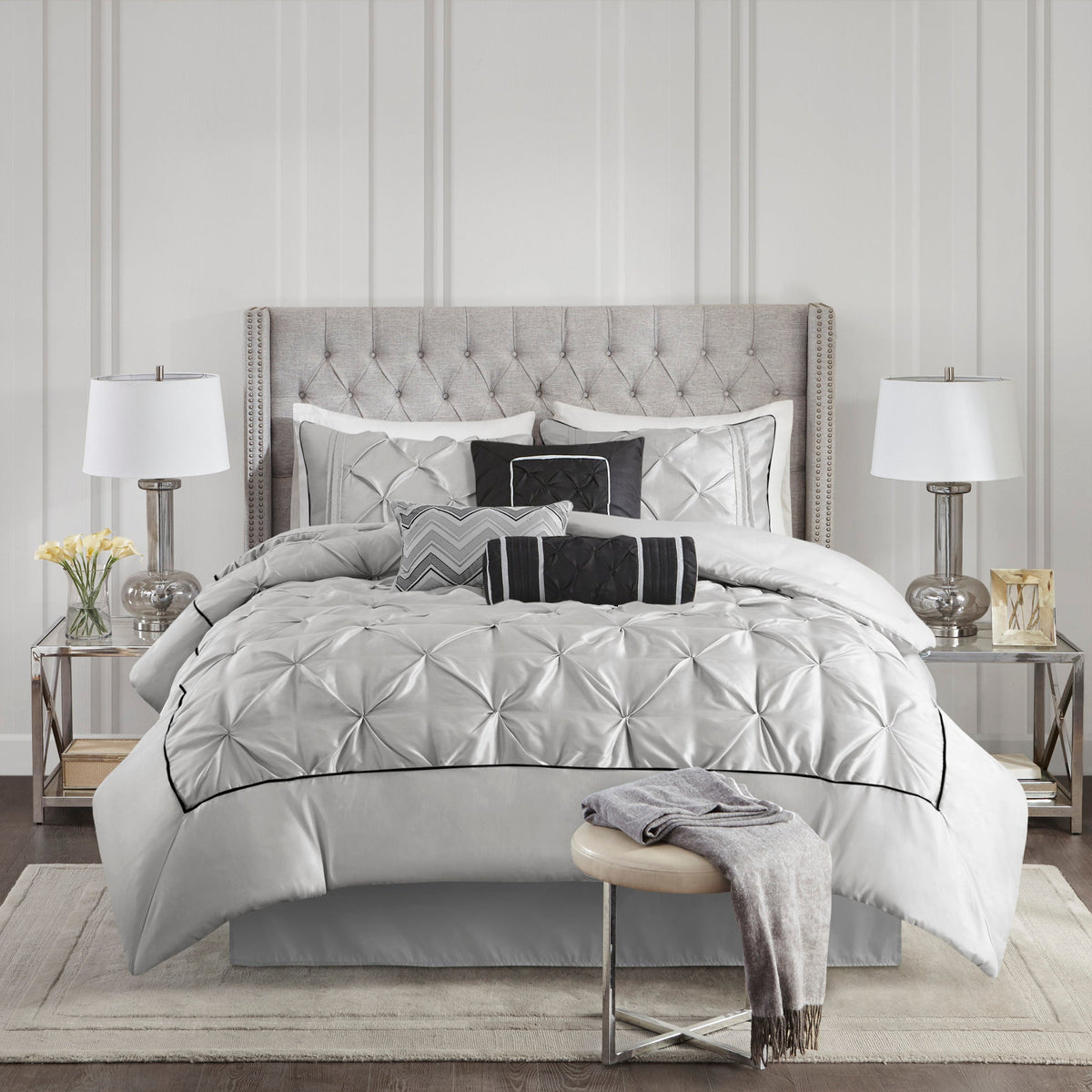 7-Piece King 100% Polyester Pieced Pleated Tufted Comforter Set