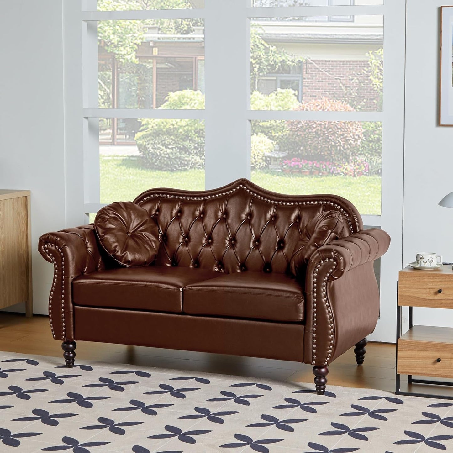 2 Piece Living Room Set Mid-Century Modern Chesterfield Chair Loveseat in Brown PU Leather Edition