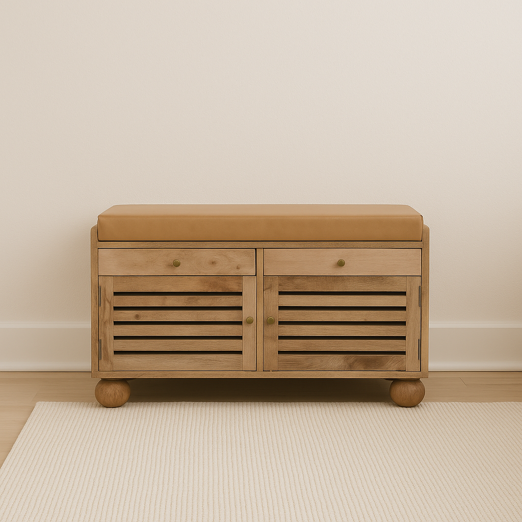 Shutter Shoe Rack: Leather Upholstered with 2 Drawers and 4 Storage Shelves