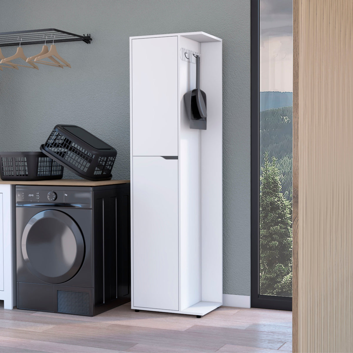 Harper Broom Cabinet With 2 Doors, 3 Shelves, And A Holder