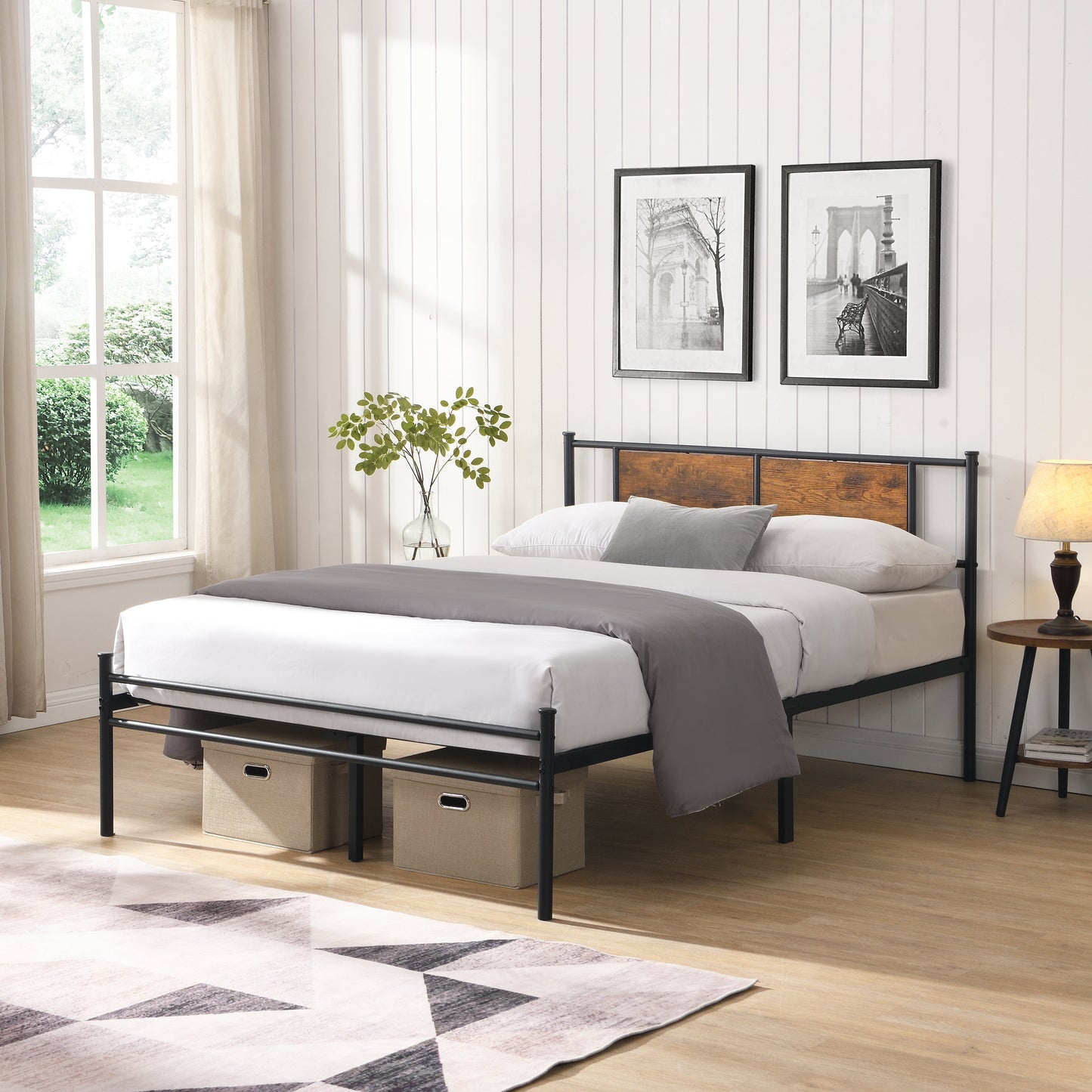 King Size Metal Bedframe With Wood Panel Decoration