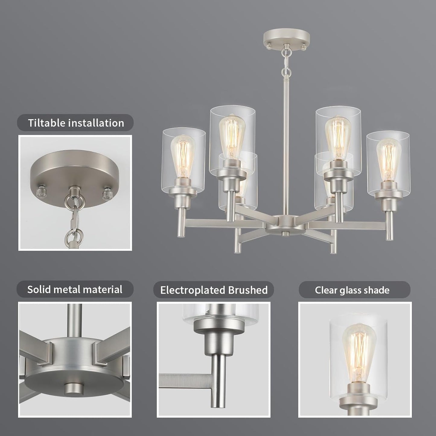 Brushed Nickel Six Light Chandelier With Clear Glass Shades showcasing tiltable installation and solid metal material.