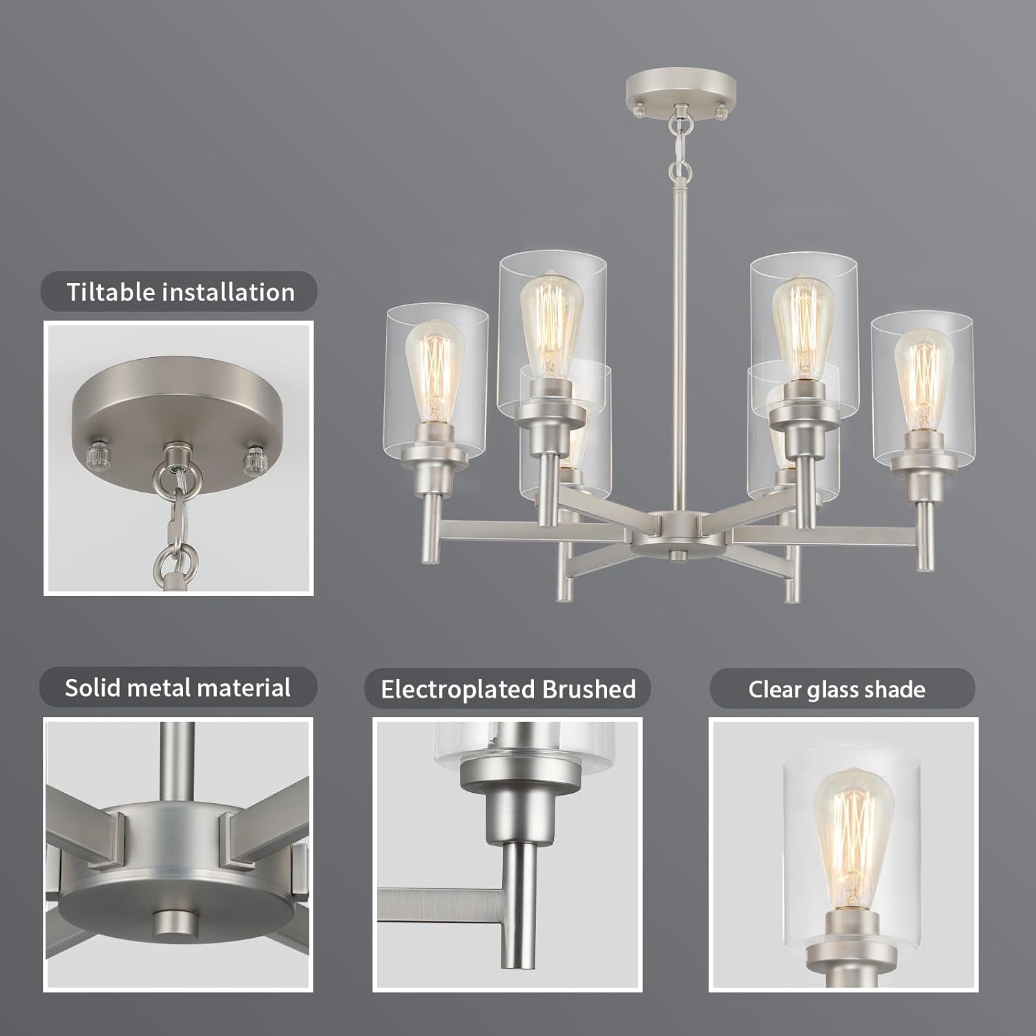 Brushed Nickel Six Light Chandelier With Clear Glass Shades showcasing tiltable installation and solid metal material.