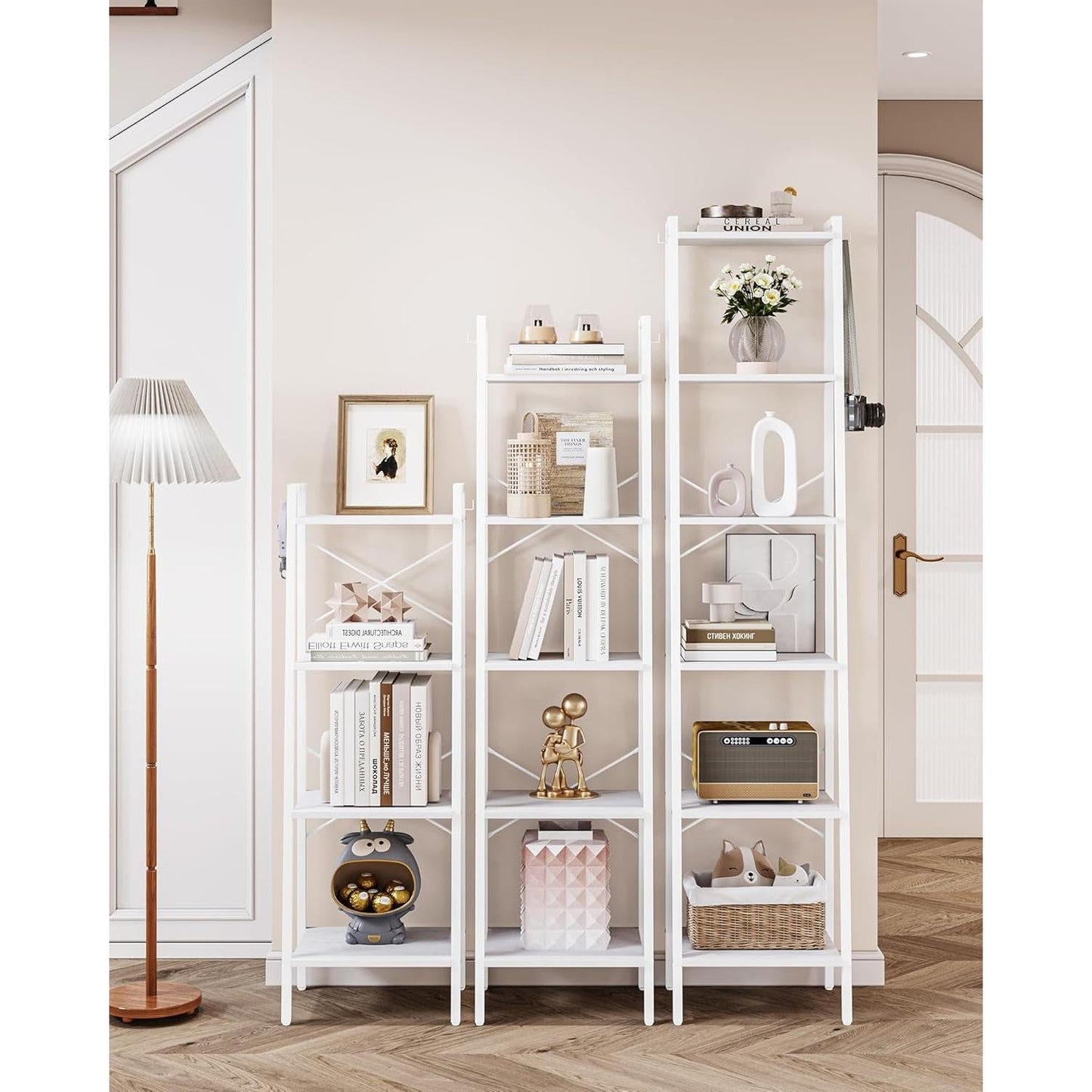 5 Tier White Ladder Shelf Bookcase With Two Hooks For Corner