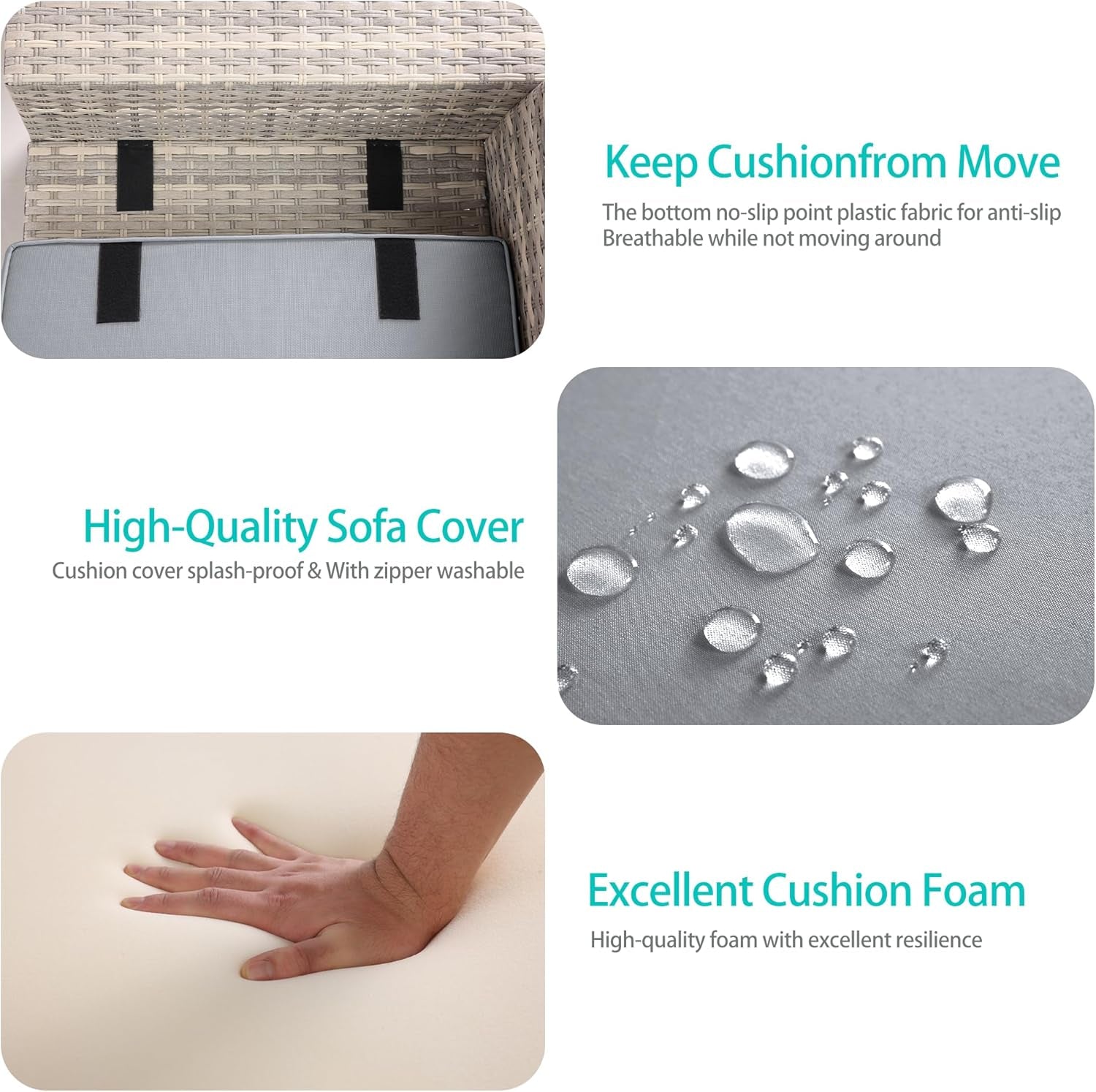 Features of the 6-Piece Outdoor Wicker Patio Set With Grey Cushions including cushion protection, high-quality cover, and foam resilience.