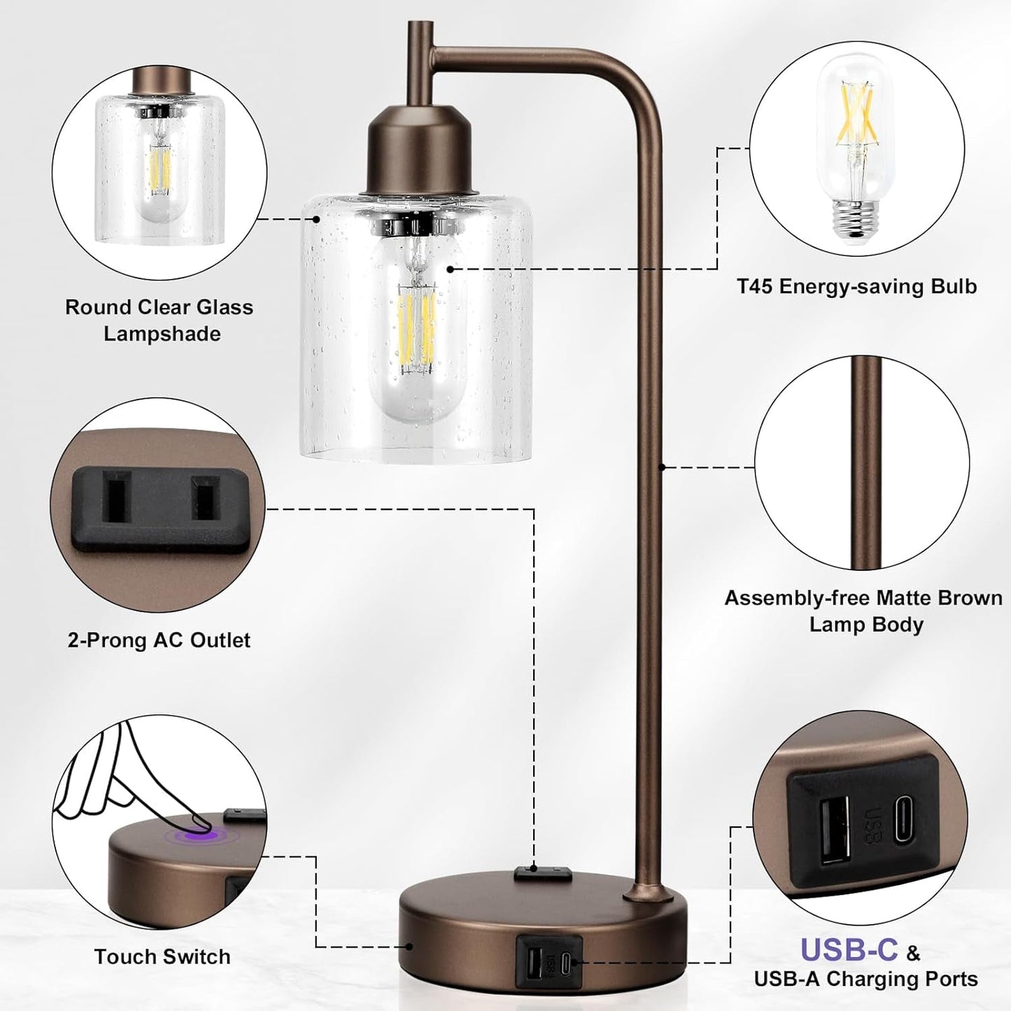Brown Table Lamps 3-Way Dimmable With USB Ports Set Of 2