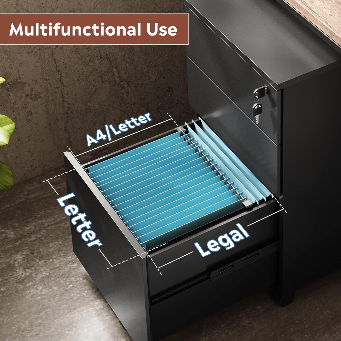 3 Drawer Lockable File Cabinet Under Desk Rolling Black Fits Letter Legal A4 Folders