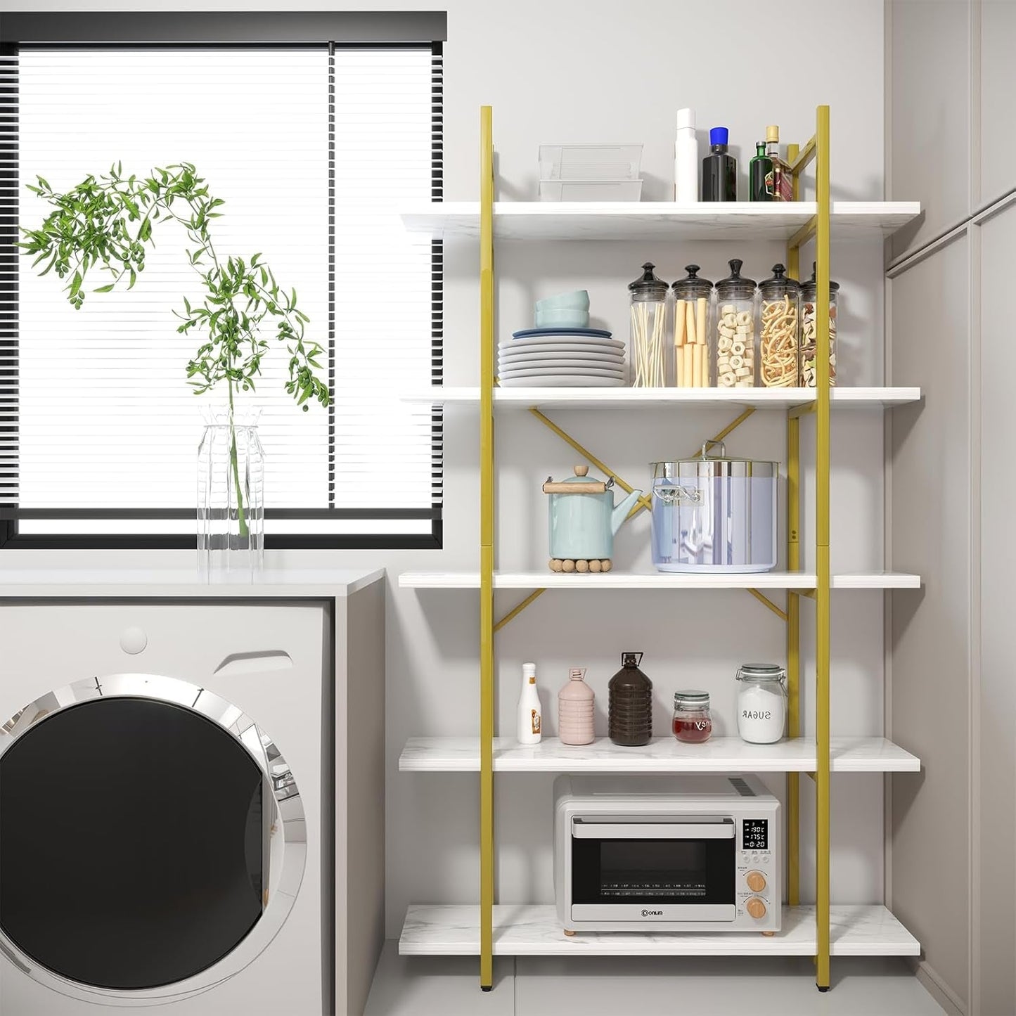 Five Tier Bookshelf Organizer White Faux Marble Metal Open Display