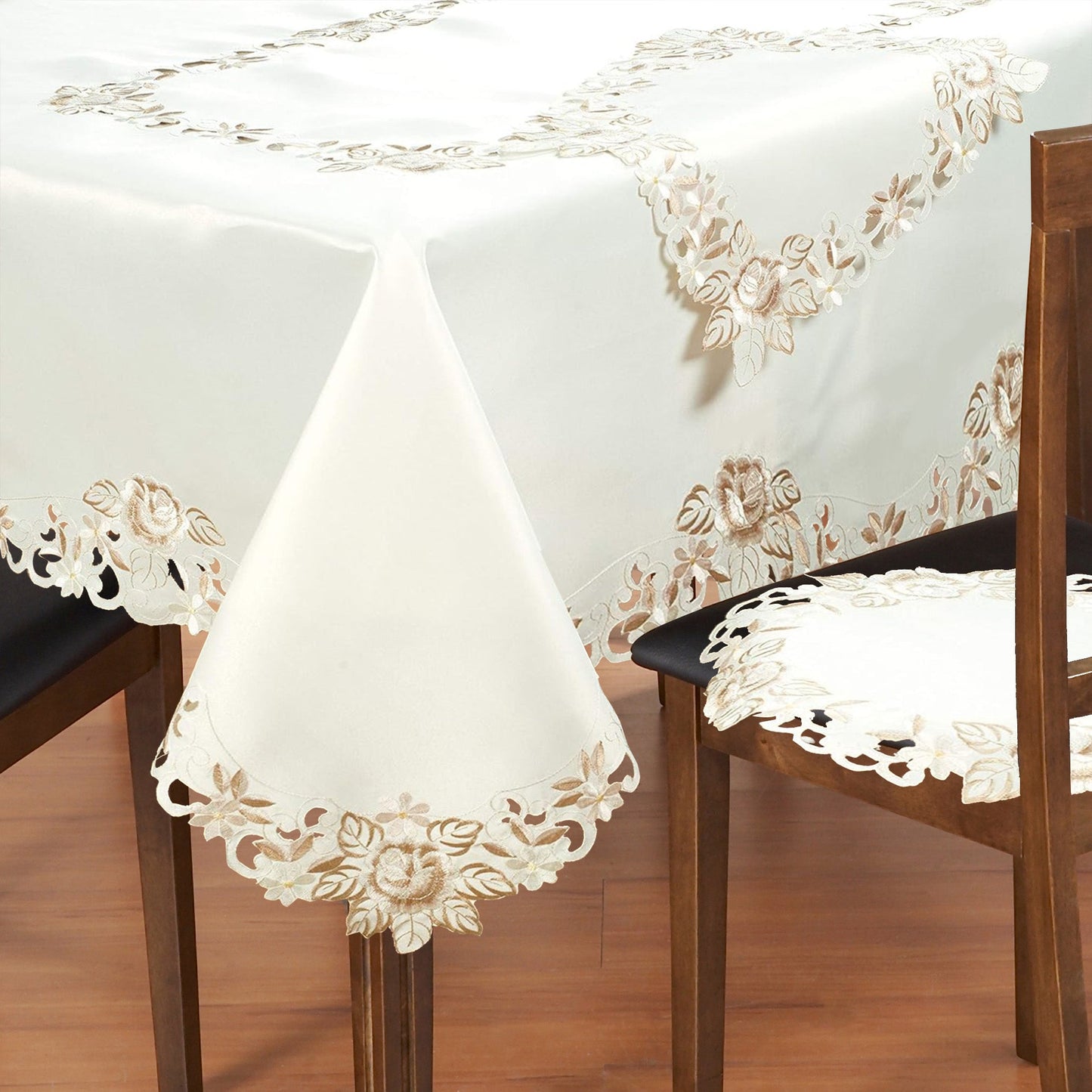 European Embroidered Table Topper – Rustic Cream Polyester Fabric Table Cover