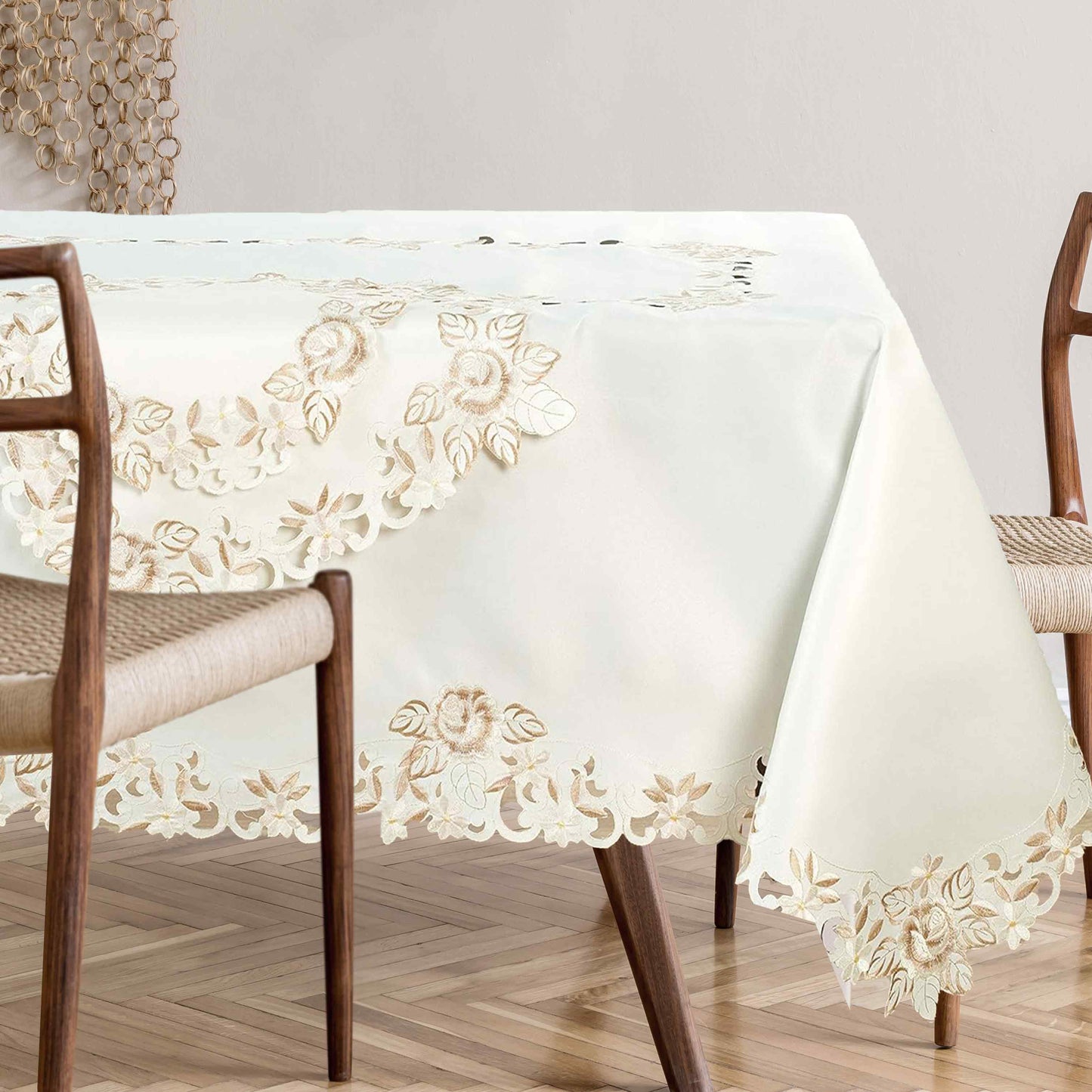 European Embroidered Table Topper – Rustic Cream Polyester Fabric Table Cover