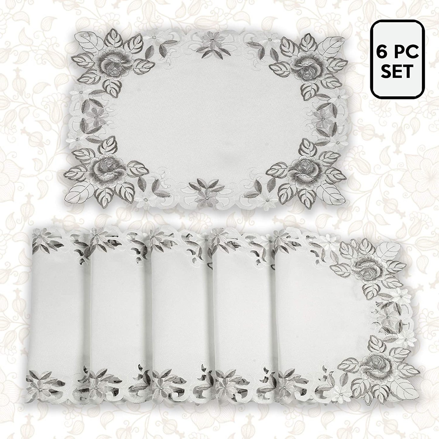 European Embroidered Placemats – Rustic Light Gray Table Mats for Dining