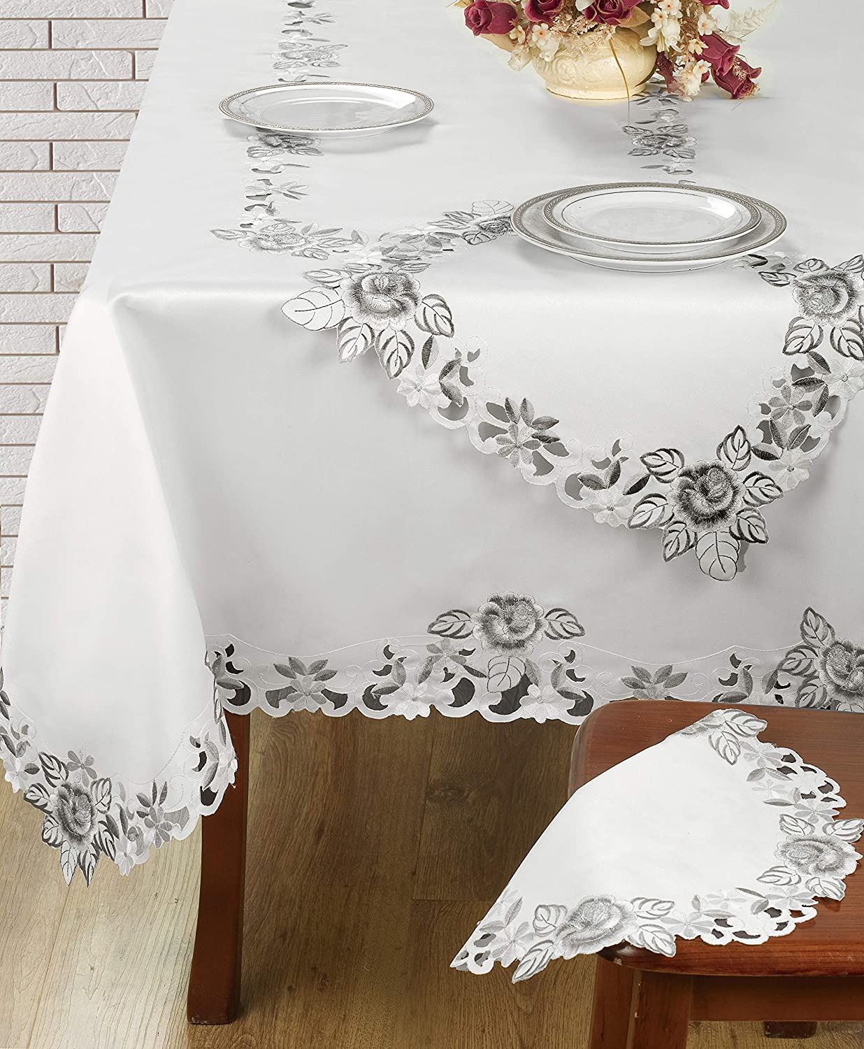 European Embroidered Placemats – Rustic Light Gray Table Mats for Dining