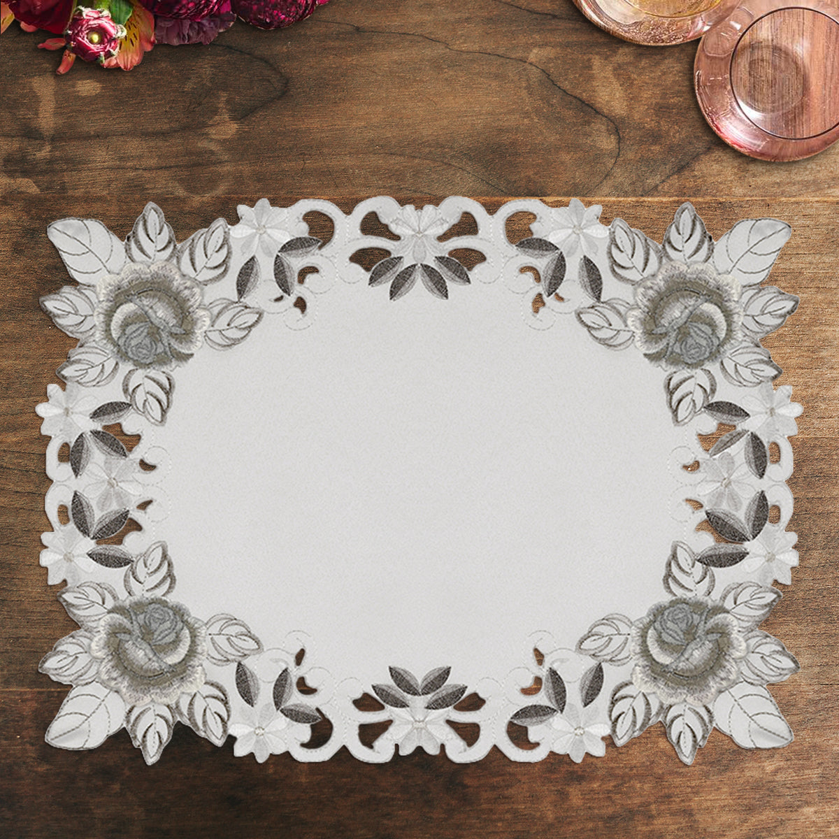 European Embroidered Placemats – Rustic Light Gray Table Mats for Dining