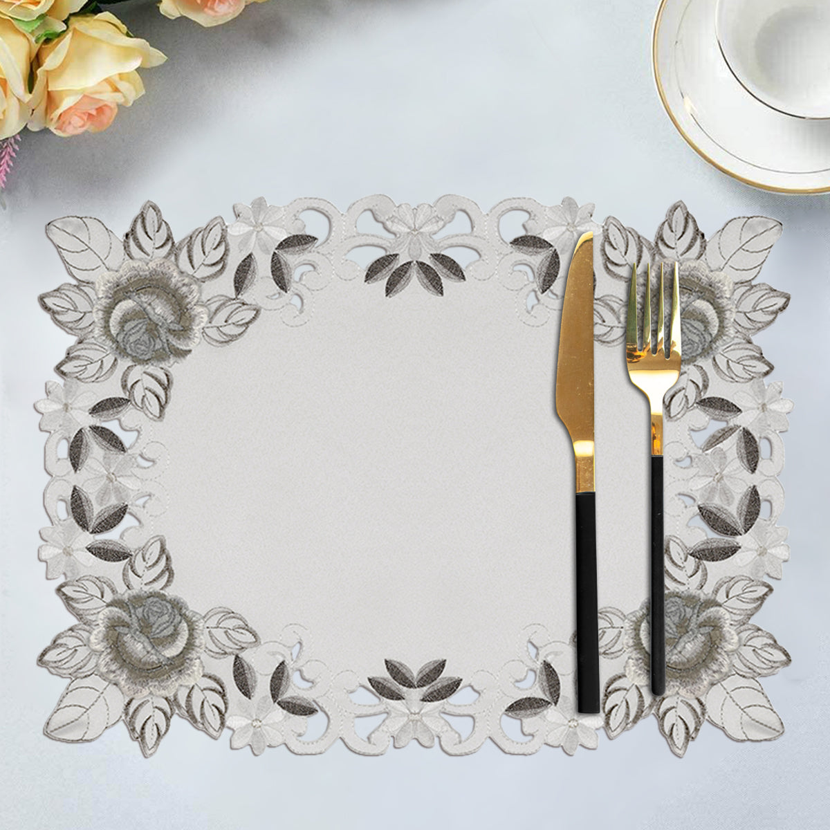 European Embroidered Placemats – Rustic Light Gray Table Mats for Dining