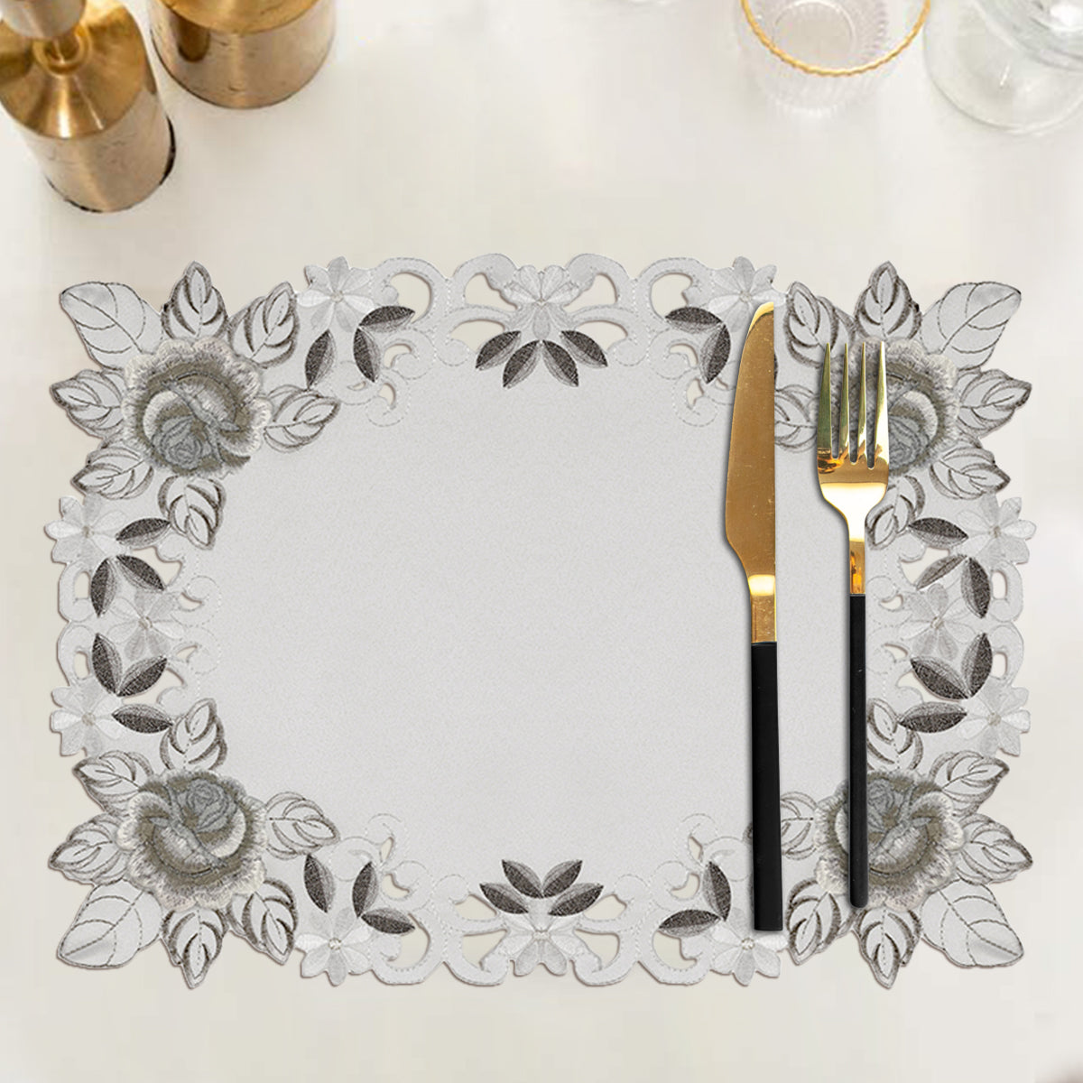 European Embroidered Placemats – Rustic Light Gray Table Mats for Dining