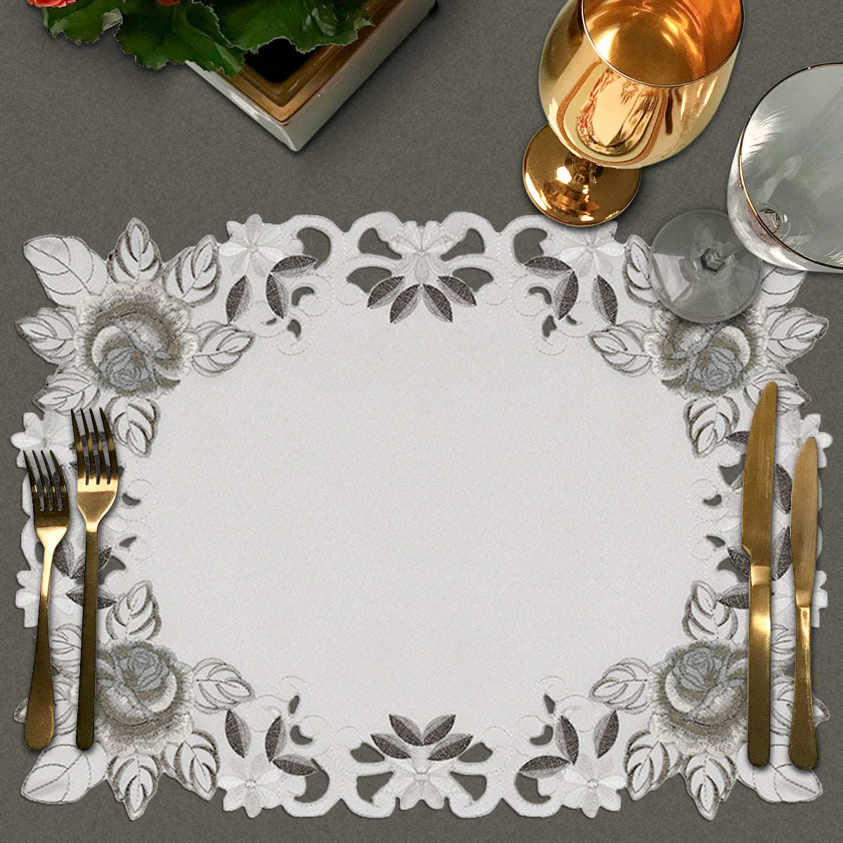 European Embroidered Placemats – Rustic Light Gray Table Mats for Dining