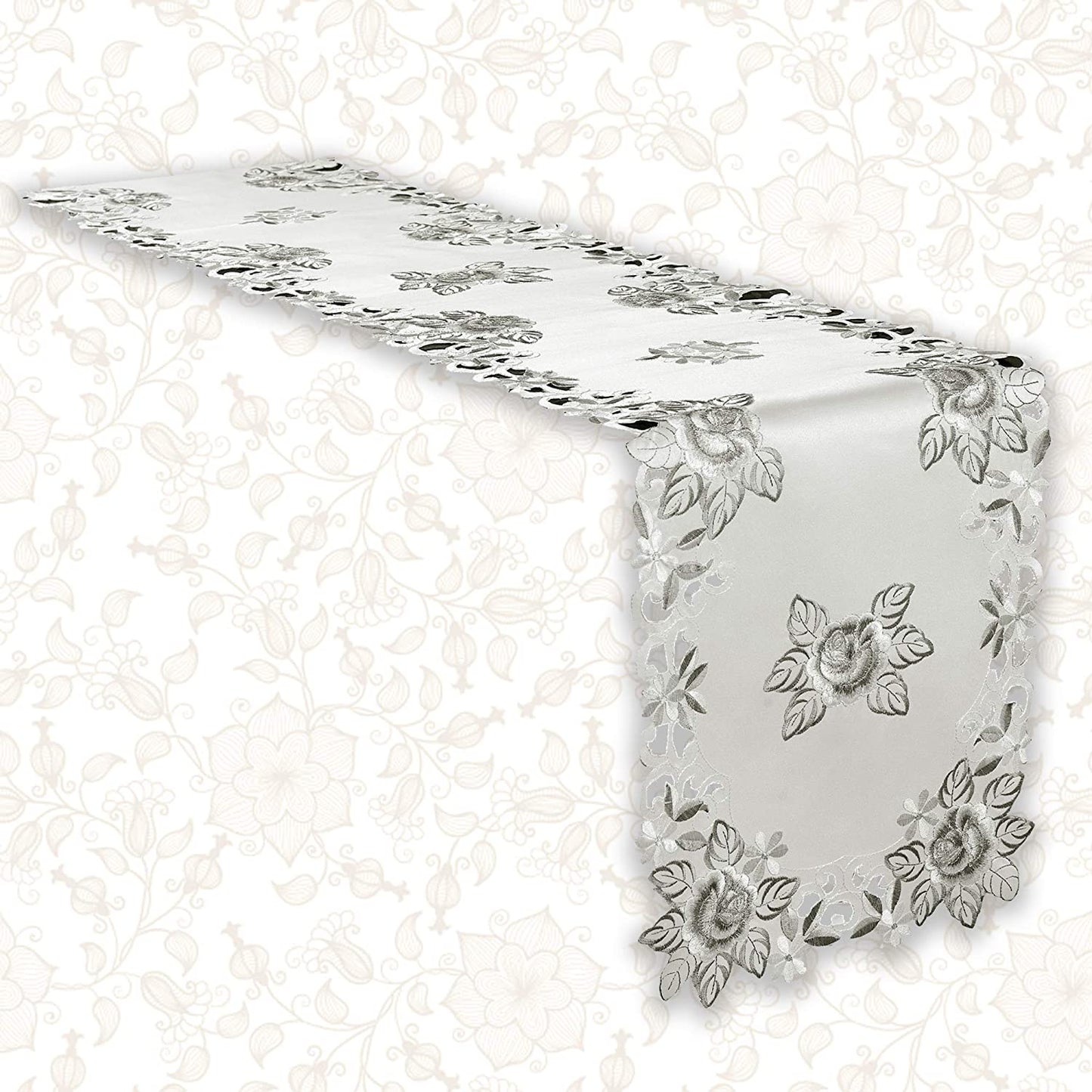 European Embroidered Table Runner – Rustic Gray Dining Linen Decor 14x108 Inches
