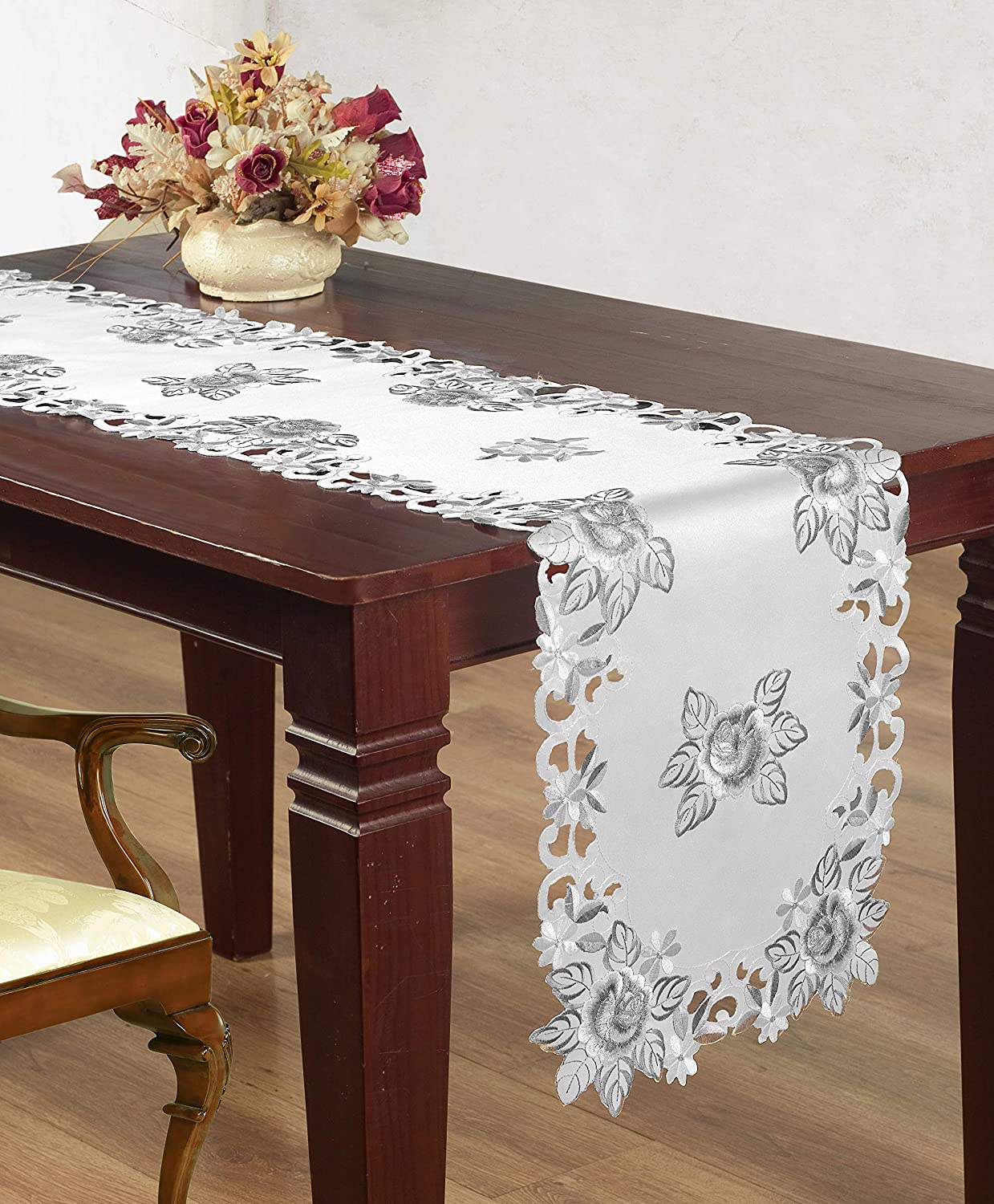 European Embroidered Table Runner – Rustic Gray Dining Linen Decor 14x108 Inches