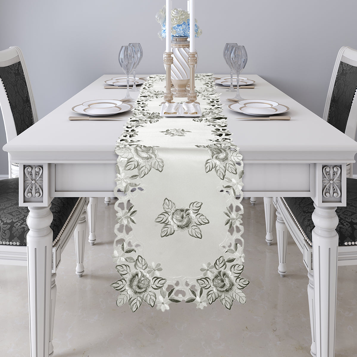 European Embroidered Table Runner – Rustic Gray Dining Linen Decor 14x108 Inches