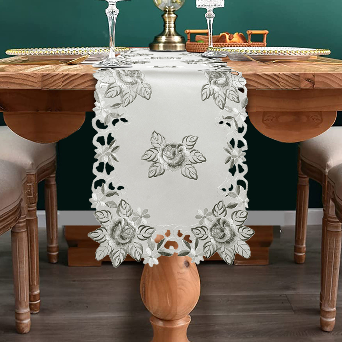 European Embroidered Table Runner – Rustic Gray Dining Linen Decor 14x108 Inches