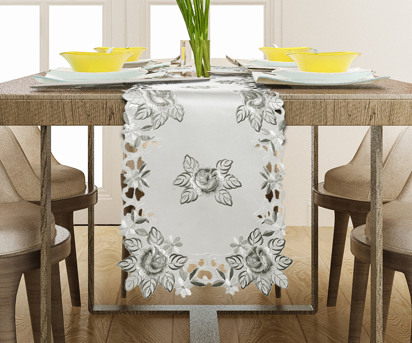European Embroidered Table Runner – Rustic Gray Dining Linen Decor 14x108 Inches