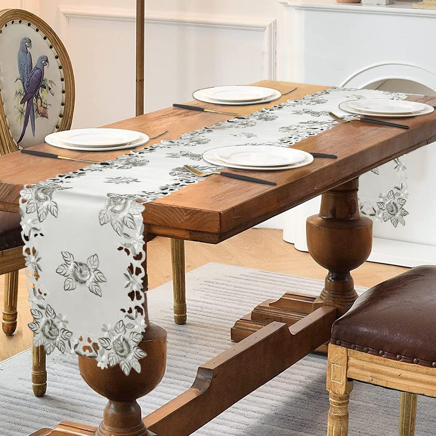 European Embroidered Table Runner – Rustic Gray Dining Linen Decor 14x108 Inches