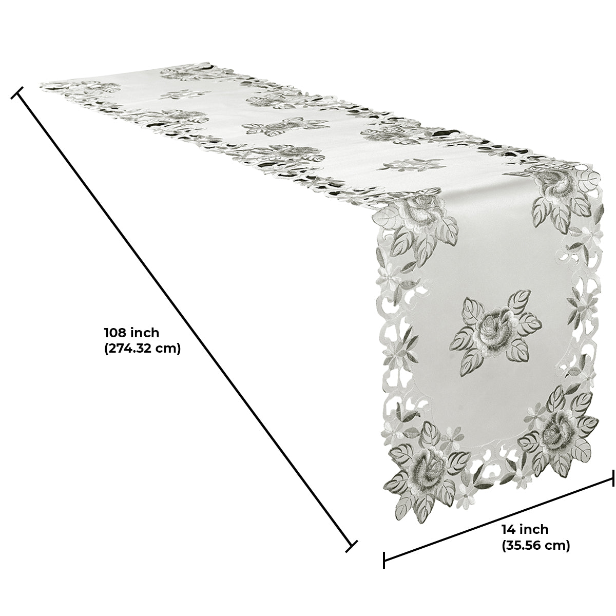 European Embroidered Table Runner – Rustic Gray Dining Linen Decor 14x108 Inches