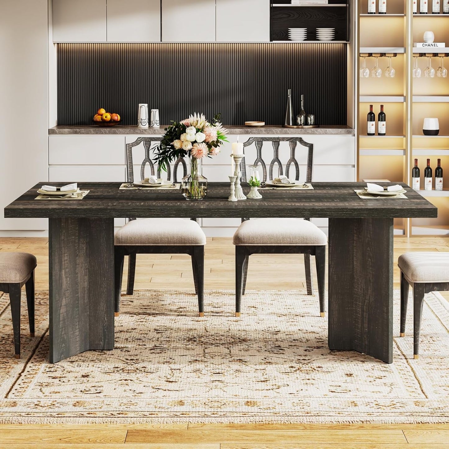 63 Inch Dark Gray Dining Table Farmhouse Rectangular