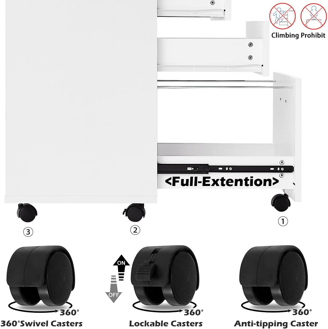 Three Drawer White Wood Mobile File Cabinet Under Desk Storage For Home Office Organization