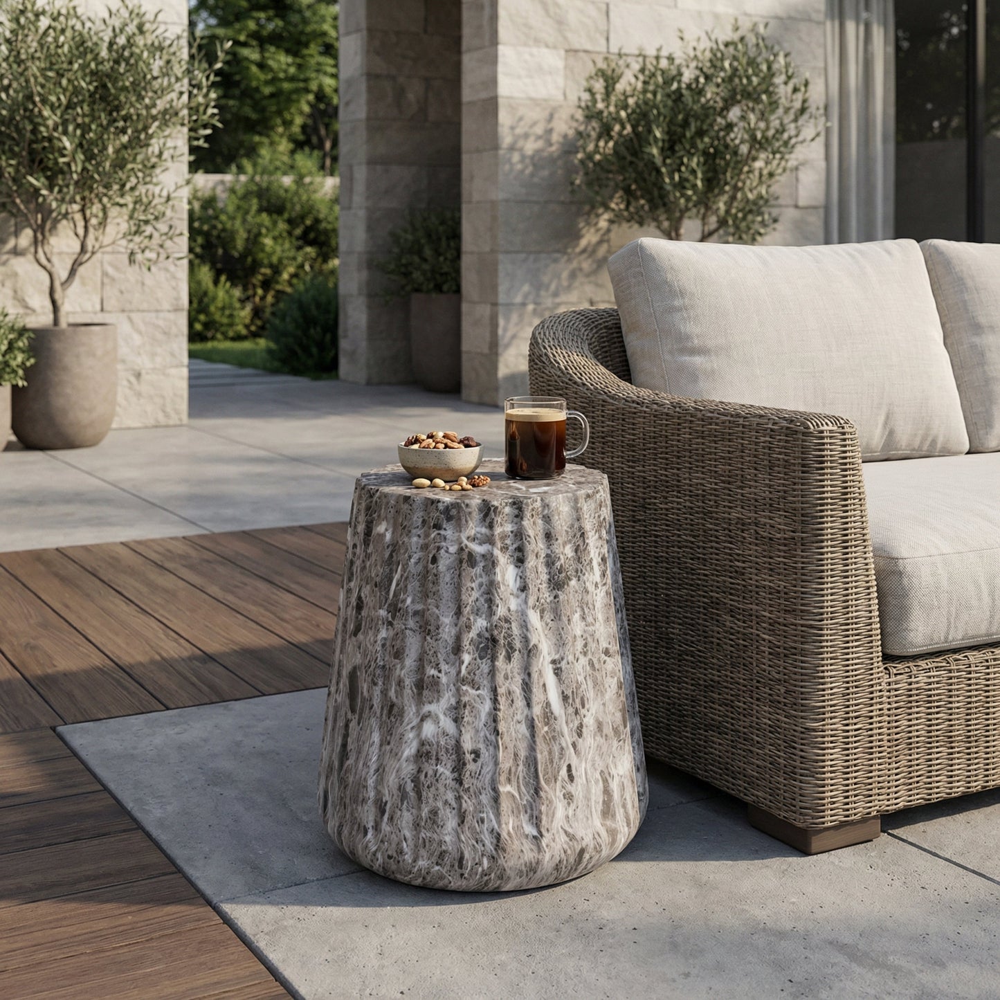 Outdoor Cleme Carved Side Table, Brown End Table