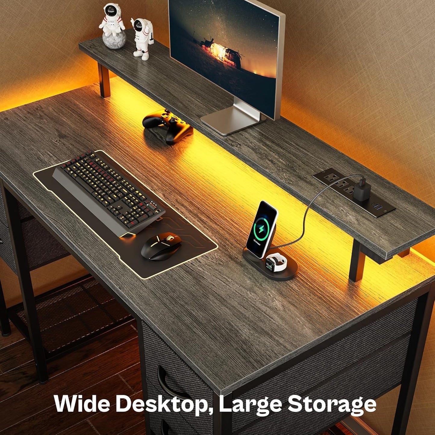 47 Inch Computer Desk With 4 Drawers And Led Lights