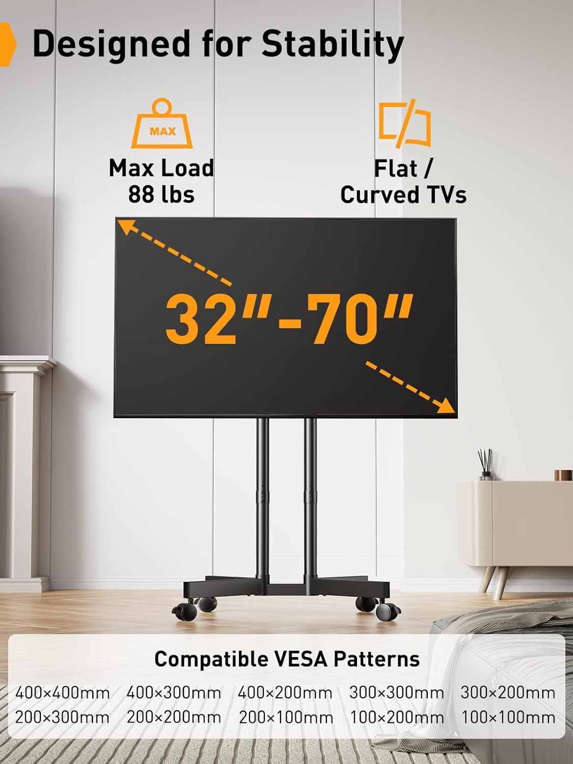 Mobile TV Stand 32 To 70 Inch With Wheels Height Adjustable