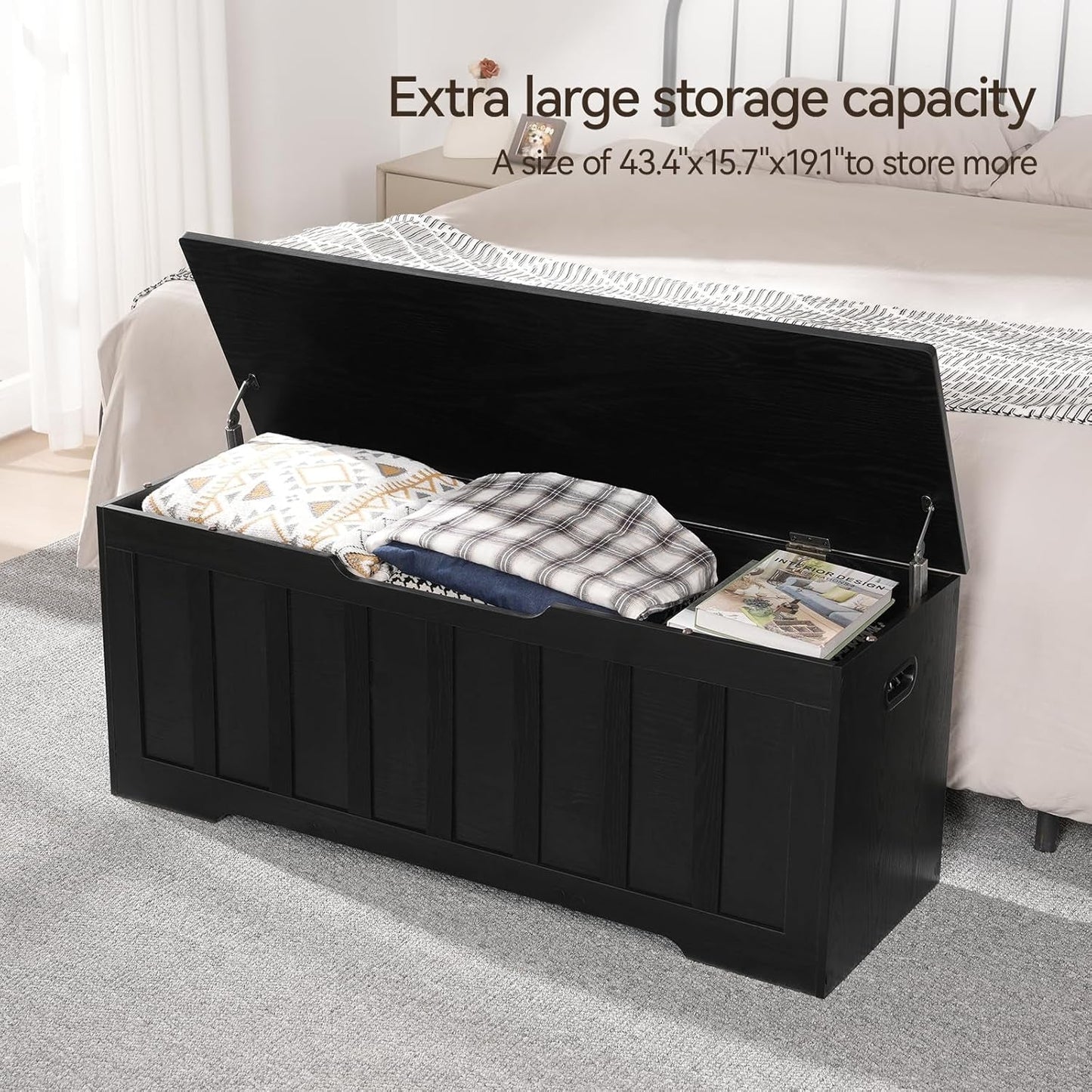Black 47.2 Inches SolidWood Oversized Storage Bench