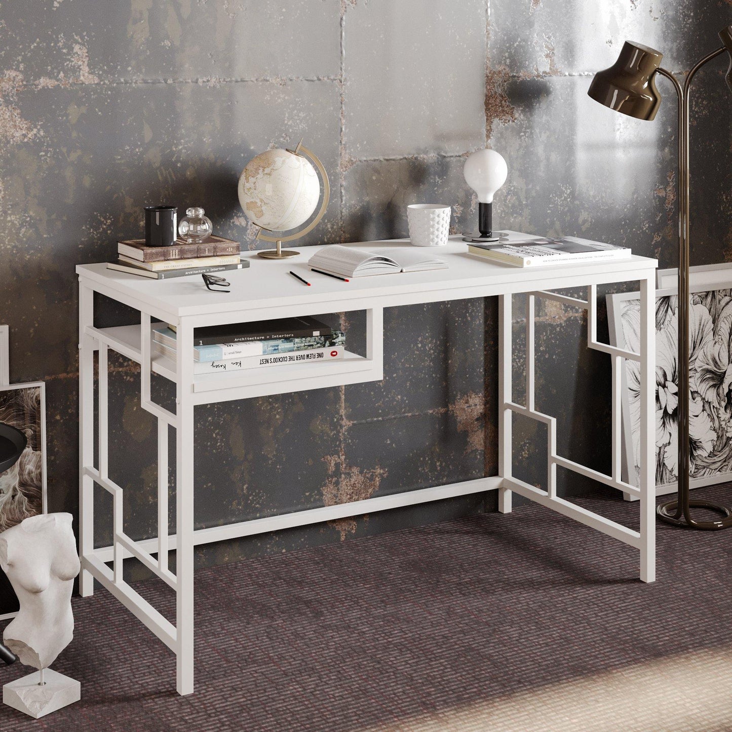 Victory 47'' Wide Metal Engineered Wood Computer Desk with Shelf