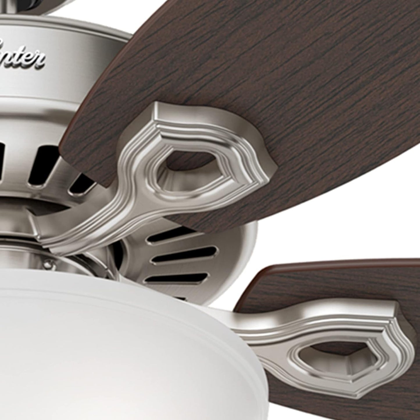 Builder Deluxe 52 Inch Brushed Nickel Indoor Ceiling Fan close-up showing the unique blade design and brushed nickel accents.